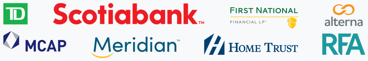 Lender logos including TD, Scotiabank, First National, Meridian, MCAP, Home Trust, Alterna, and RFA